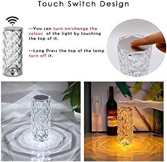 Rose Diamond Crystal Table Lamp – 16 Color RGB Touch Sensor Light with Remote Control