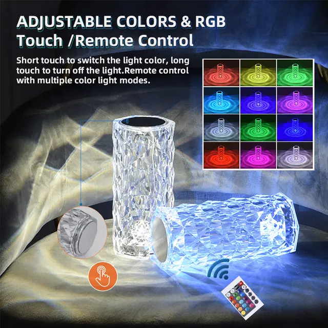 Rose Diamond Crystal Table Lamp – 16 Color RGB Touch Sensor Light with Remote Control