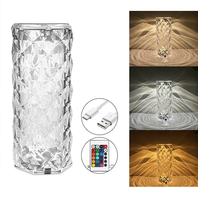 Rose Diamond Crystal Table Lamp – 16 Color RGB Touch Sensor Light with Remote Control