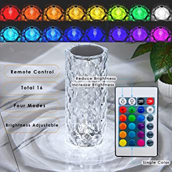 Rose Diamond Crystal Table Lamp – 16 Color RGB Touch Sensor Light with Remote Control